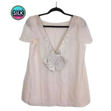 Moda International L Silk Blouse Light Ivory V-Neck Flutter Sleeve Dressy Look🌟
