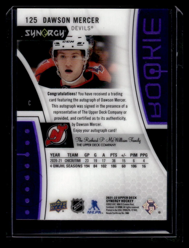 Dawson Mercer 2021 UD Synergy Rookie /99 Auto #125 New Jersey Devils - Image 2 of 2