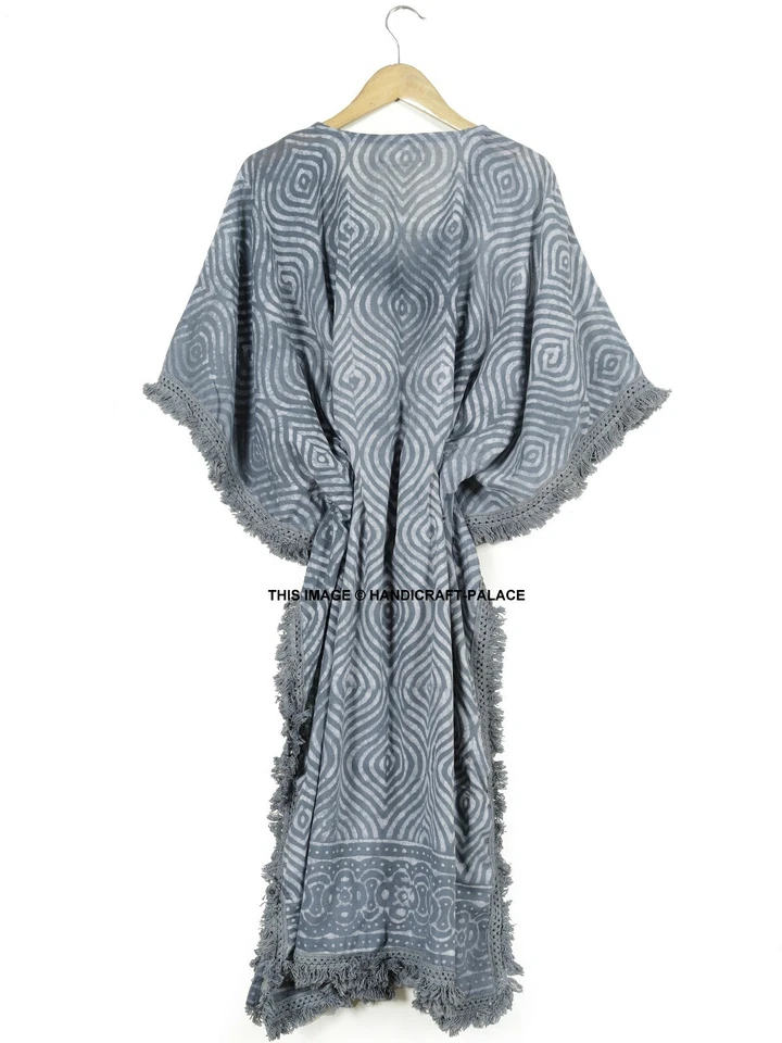 Vintage Indian Hand Block Print Cotton Kaftan Maxi Dress,Hippie Boho Grey Caftan - Image 3 of 3