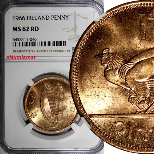 IRELAND Republic Bronze 1966 1 Penny NGC MS62 RD FULL RED  KM# 11 (046)