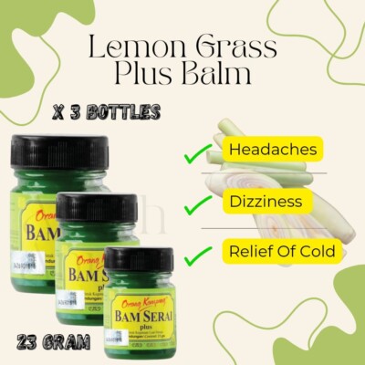 3x Natural LEMON GRASS PLUS Balm Ointment Relief Muscle Ache Headches Dizziness