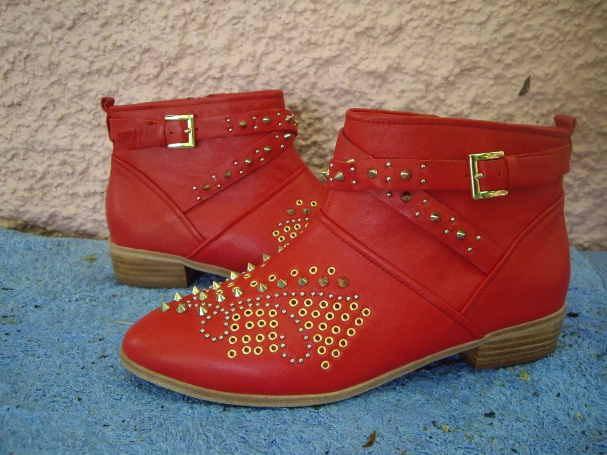 RMK RED GENUINE LEATHER GOLD STUDDED ZIP UP ANKLE BOOTS SZ 38 7