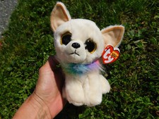 Chewey Beanie Boo New w Name Tags Ty Beanie Baby Cute Puppy Fuzzy Rainbow Collar