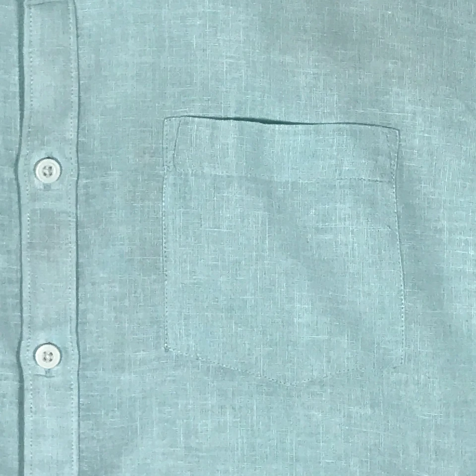 Camisa de manga corta con botones Marc Anthony para hombre calce ajustado mediana mezcla de lino aguamarina Foto 3 de 4