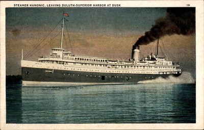 Vintage S.S. Hamonic Steamer Postcard Duluth Superior Harbor Dusk White Border