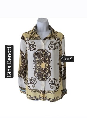 Gina Benotti yellow and white baroque print button-up blouse Size Small New 