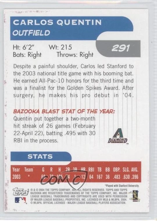 2004 Topps Bazooka Carlos Quentin #291 Rookie RC - Image 2 of 2
