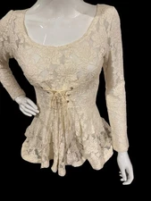Junior’s O2 Collection Ivory Mesh, Lace Peplum Top, Corset Front Tie, Size M