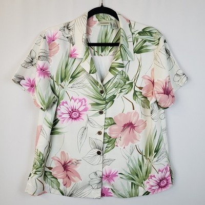 Classic Elements Hawaiian Shirt L Button Up Pink Hibiscus Palm Leaves Rayon 