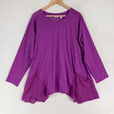 LOGO Lori Goldstein Tunic Top 1X Purple Long Sleeve Satin Trim Cotton Modal