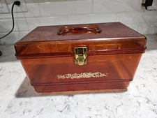 Vintage 1950s Brown Amber See Through Clear Floral Flowers Sewing Craft Box+Tray