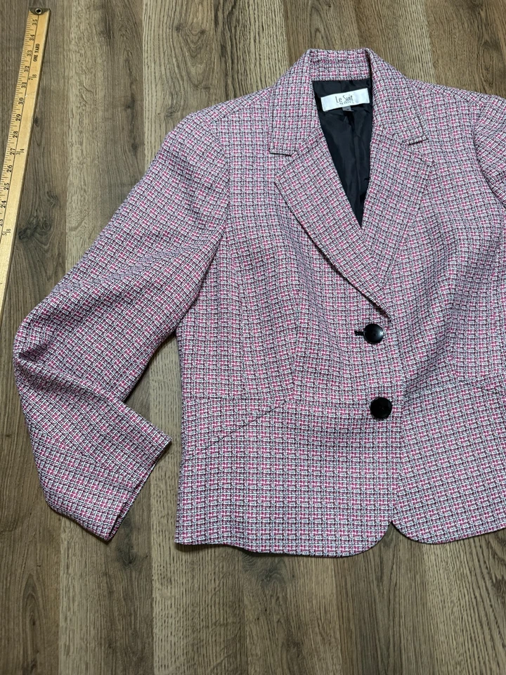 Le Suit Jacket, Women's Size 14 Petite, Pink Black, Plaid Tweed Button Up Blazer - Image 3 of 4