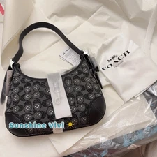 NWT Coach Hamptons Hobo Bag In Crystal Signature Jacquard CW654 Black Silver