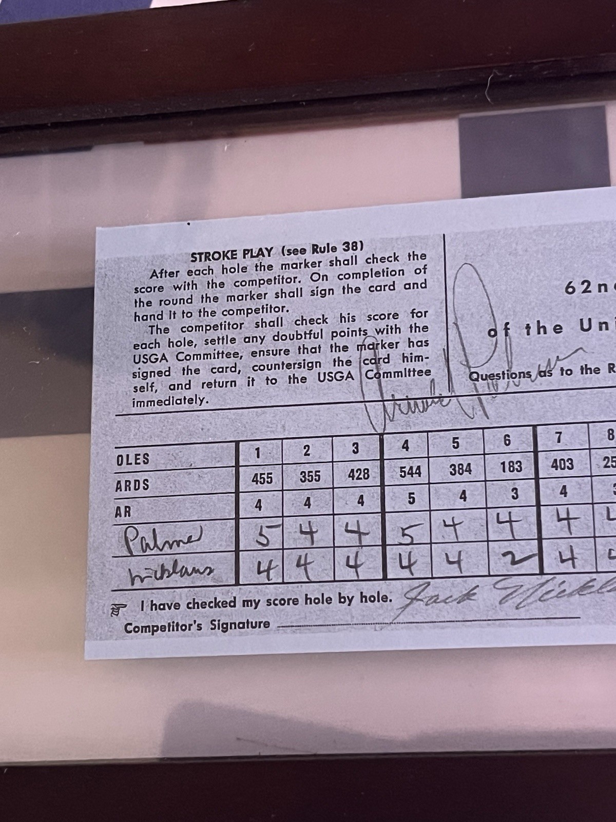 Jack Nicklaus & Arnold Palmer Signed Used Scorecard 62nd Open Championship USGA.