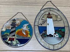 Vintage Leaded Glass Lighthouse Suncatchers Pair Coastal Window Hanging