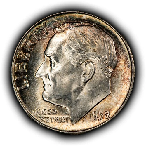 1958 10c Roosevelt Silver Dime - Rainbow Toning - BU - SKU-Z6170