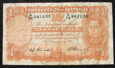1949 Coombs Watt Last prefix A74, 10/ Ten Shilling note G43