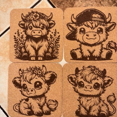 Highland Cows Cork Coasters. Laser engraved, 4   Square .