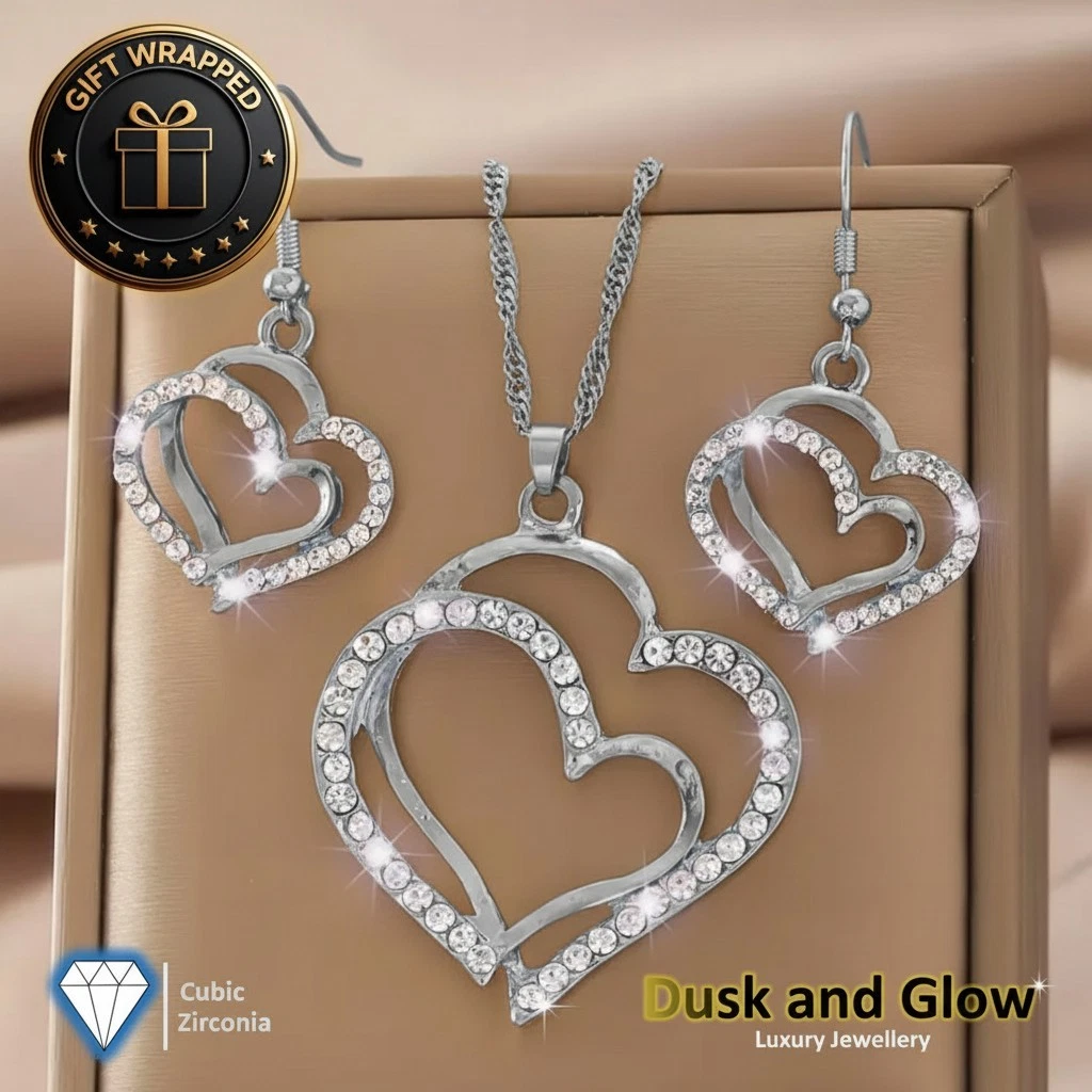 Women's Gold-Tone Heart Jewelry Set – Cubic Zirconia Necklace & Earrings In Gift Pouch - View #2