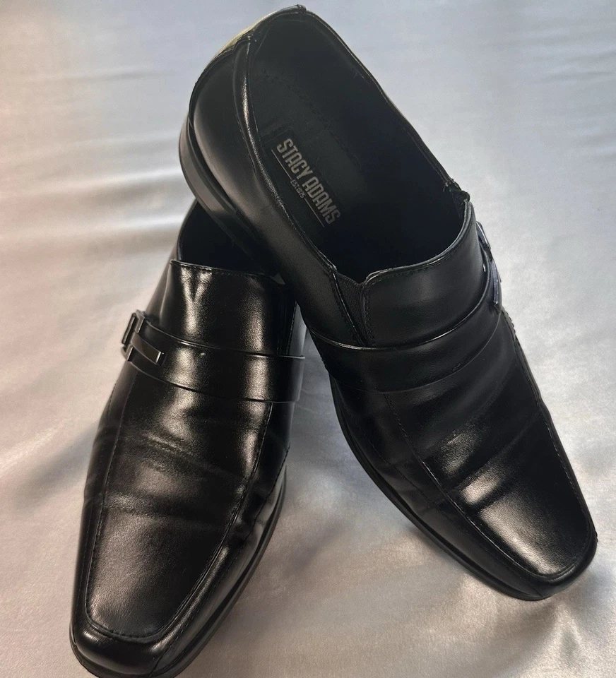 Zapatos mocasines de cuero sin cordones Stacy Adams para niños punta cuadrada negros talla 5M* Foto 2 de 4