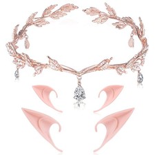 Didder 2 Pairs Elf Ears Rhinestone Leaf Tiara Set, 3 Piece Rose Gold