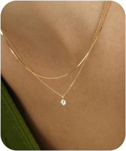 Authentic 2 PCS Layered Necklaces for Women 14K Gold Plated Stackable Chain Choker Dainty