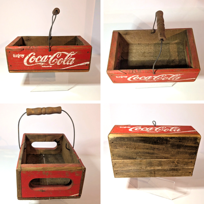 Vintage Mini Coca-Cola Wood Bottle Crate with Wire Carry Handle