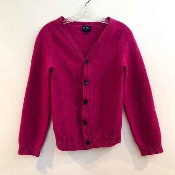 Cárdigan Suéter Noah NYC 100 % Lana de Cordero Shetland Delgado Rosa Caliente Tejido Cuello en V S Foto 2 de 4