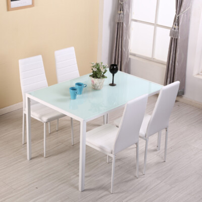 White Tempered Glass Table with Metal Chairs Kitchen Dining Room