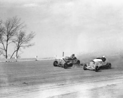 Drivers race pair Track Roadsters through turn race late-1940s The- Old ...