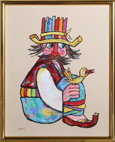 Jovan Obican, Man with Yellow Bird, Oil on Board, signed l.l. - Bild 1 von 2