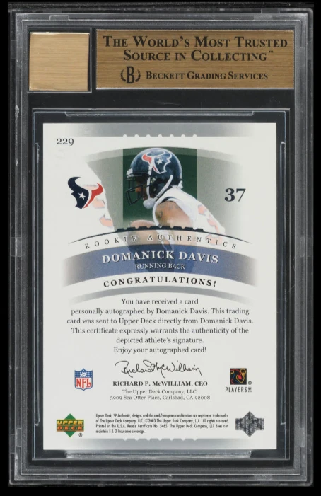 Tarjeta de novato auténtica Domanick Davis Williams RC BGS 9,5 con 10 automática: 2003 SP #229 Foto 2 de 3