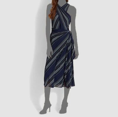 $166 Ralph Lauren Women's Blue Striped Crinkle Georgette Halter Dress Size  14 | eBay