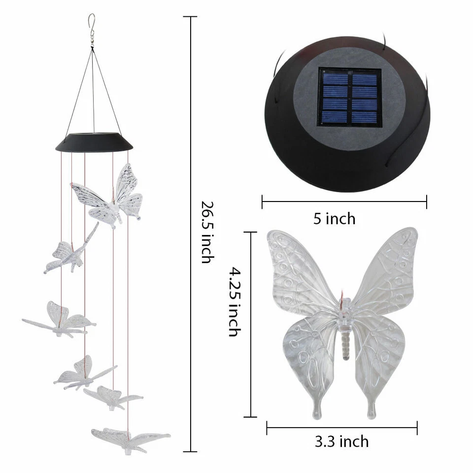 Large Crystal Butterfly Wind Chime Solar Powered Lights Color-Changing Decor - Image 4 of 4