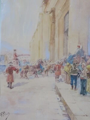 Aquarelle sur papier sous verre ancienne grand format « L’arrivée du carrosse « - Photo 1/4