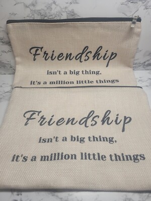 Friendship Tote / Travel / Makeup Bag Zip Up 10''x7''x2.5'' Beige 2 Pack NEW