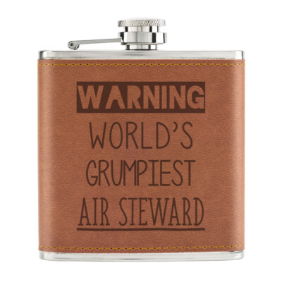 Warning World's Grumpiest Air Steward 6oz PU Leather Hip Flask Tan Best Hostess