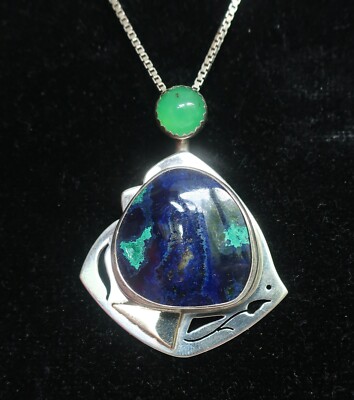Sterling Gold Azurite+Chrysoberyl  2'' Pendant 20'' chain David Lee & Sassi LaMuth