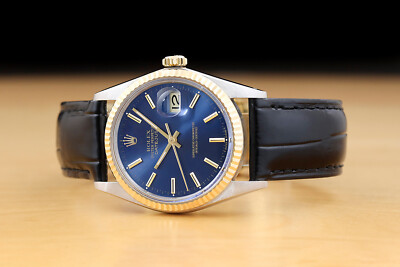 ROLEX MENS DATEJUST 16013 BLUE DIAL 18K GOLD STEEL WATCH w/ BLACK