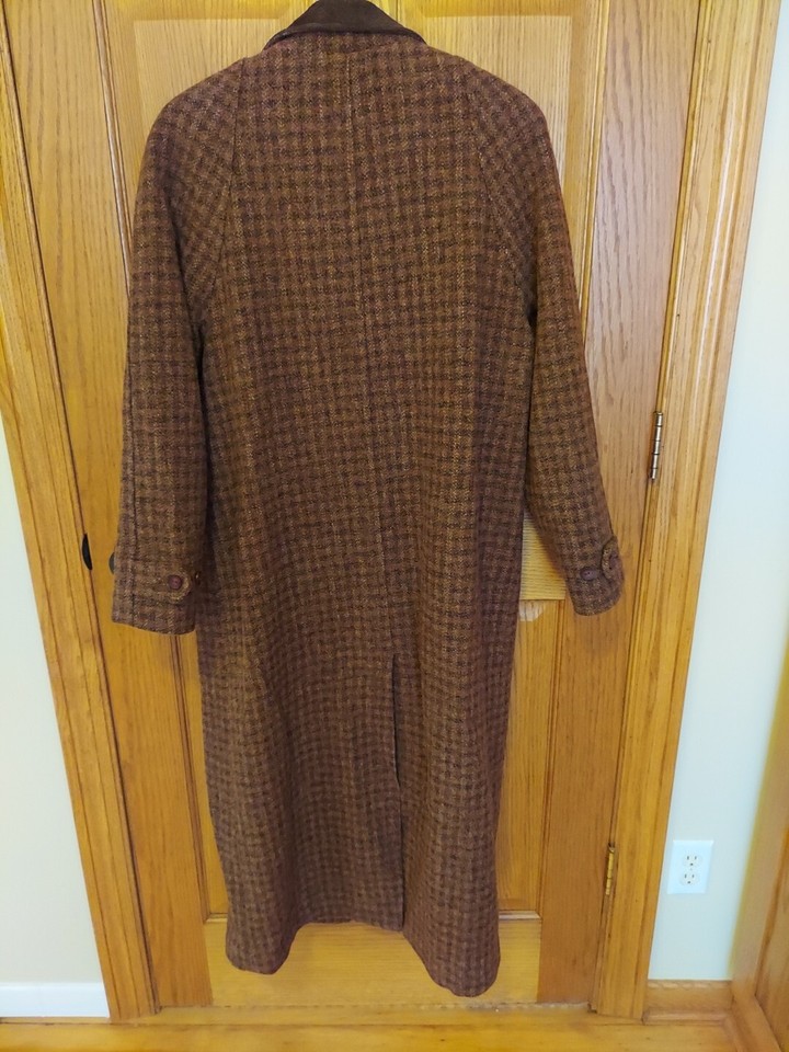 Vtg LL Bean Houndstooth Wool Blend Long Coat Suede Trim Brown Gray 90s