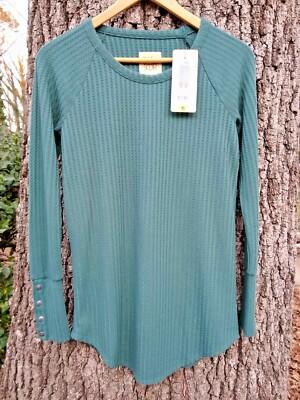 Chaser Women s Waffle Knit Long Sleeve Henley Teal Green Layering Small NWT
