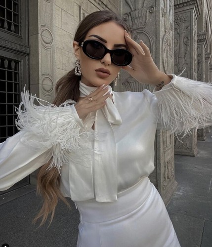 ZARA SATIN BLOUSE WITH FEATHERS OYSTER WHITE NEW FW23 SIZE L REF. 8212/428 - Picture 4 of 7