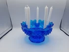Vintage Fenton Colonial Blue Hobnail Glass Candle Holder Bowl Pedestal W/ Candle