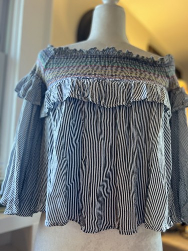 Vintage Havana flirty Striped smocked off the shoulder Boho S - Picture 6 of 14