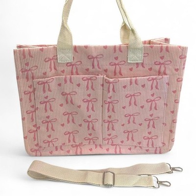 Coquette Pastel Pink Bows Hearts Print Corduroy Tote Bag Pocket Adjustable Strap