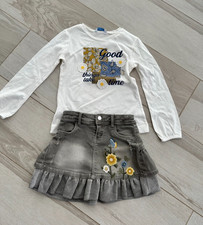 MAYORAL outfit SET white print long sleeve top jeans denim skirt size 3-4