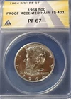 1964 Proof Kennedy Half Dollar 50c ANACS PR67 Accented Hair