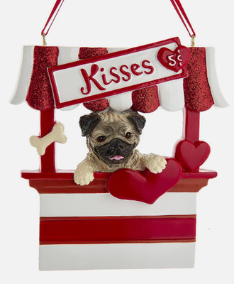 KURT ADLER 4'' RESIN PUG DOG KISSES KISSING BOOTH CHRISTMAS ORNAMENT