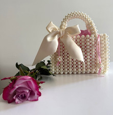 White Pink Beaded Evening Bag Purse with Pearl Handle and Bow