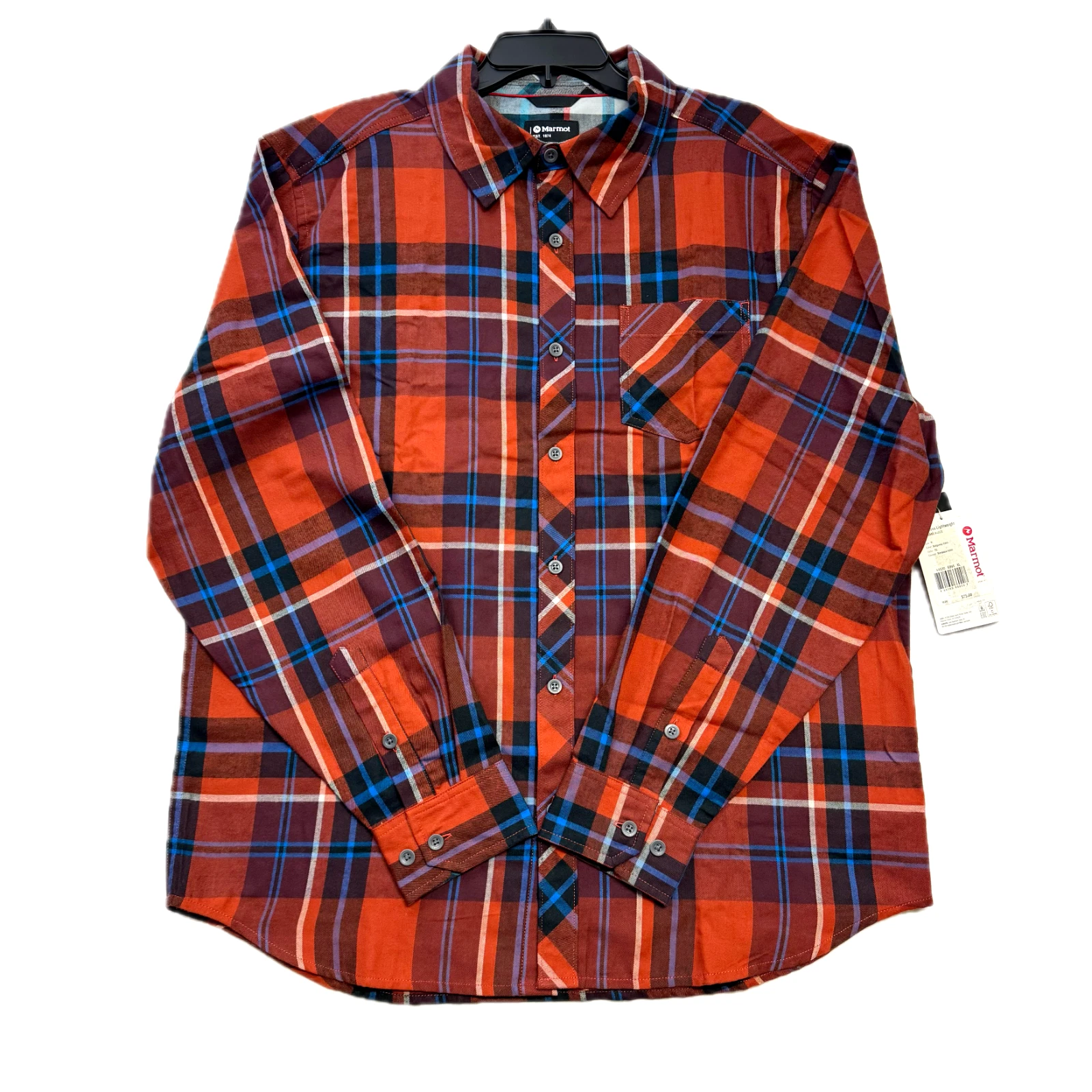 Marmot Mens Cotton Flannel Shirt Burgundy Plaid XL $75 Lightweight Outdoor NWT